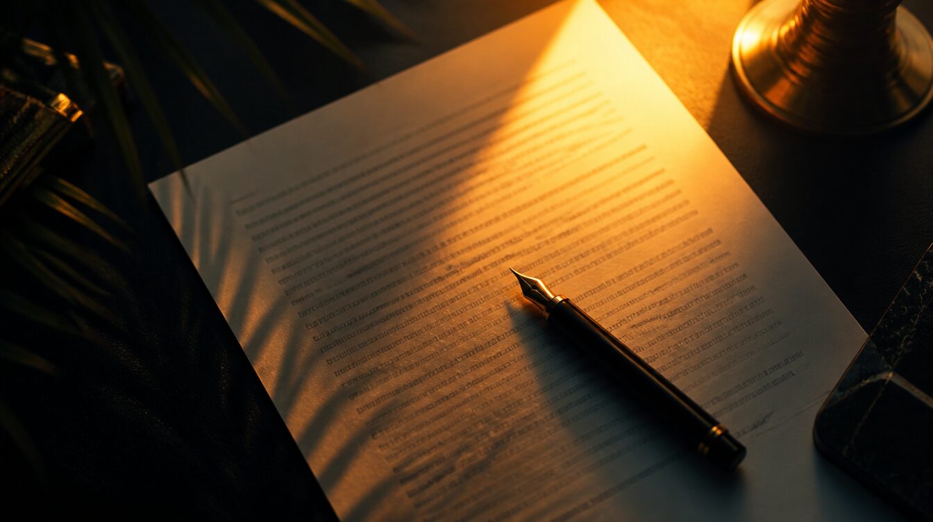 Legal agreement and fountain pen on a dark desk lit by a warm orange sunrise glow