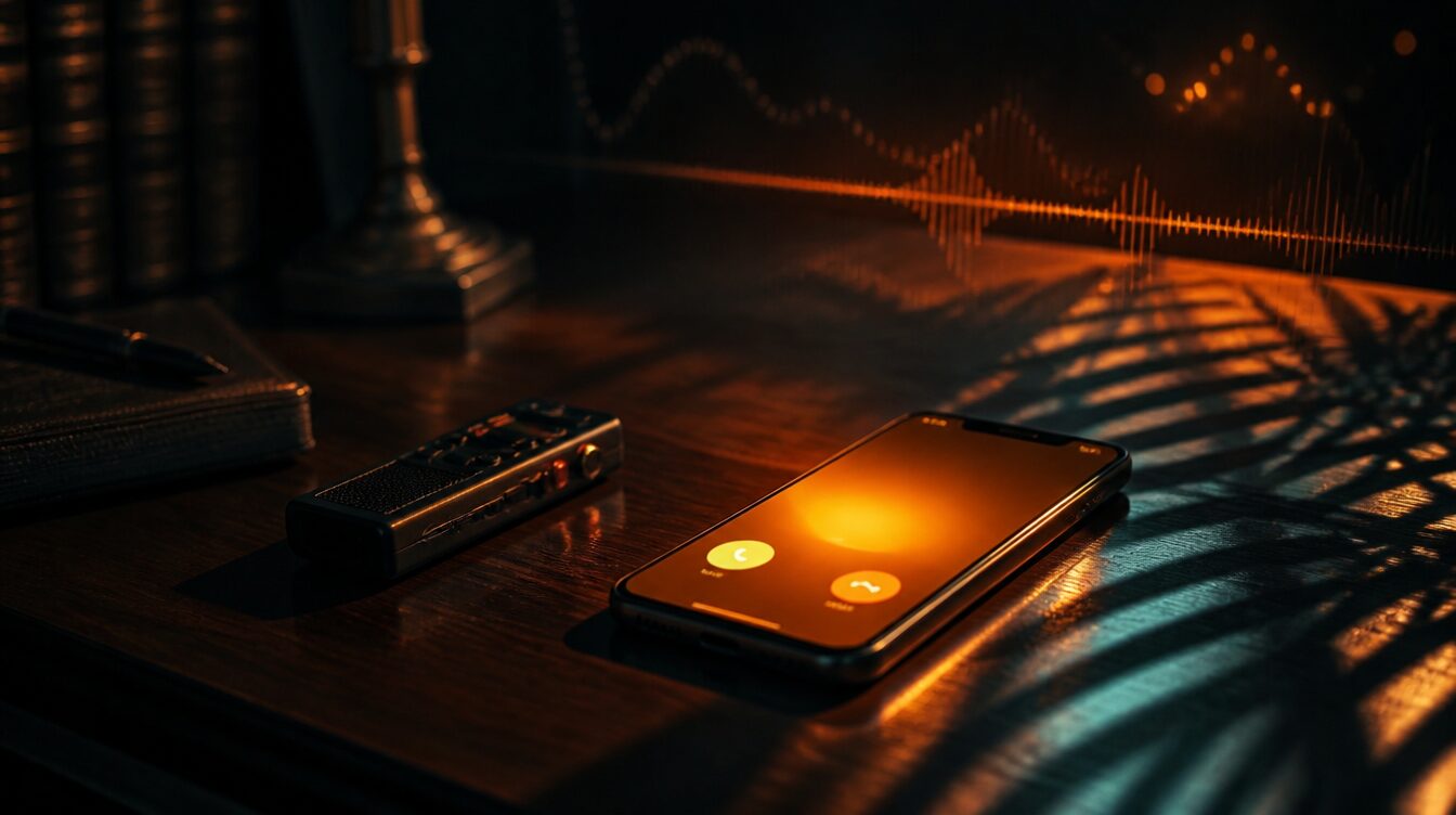 Smartphone glowing with an incoming call on a dark desk beside a small red recording light