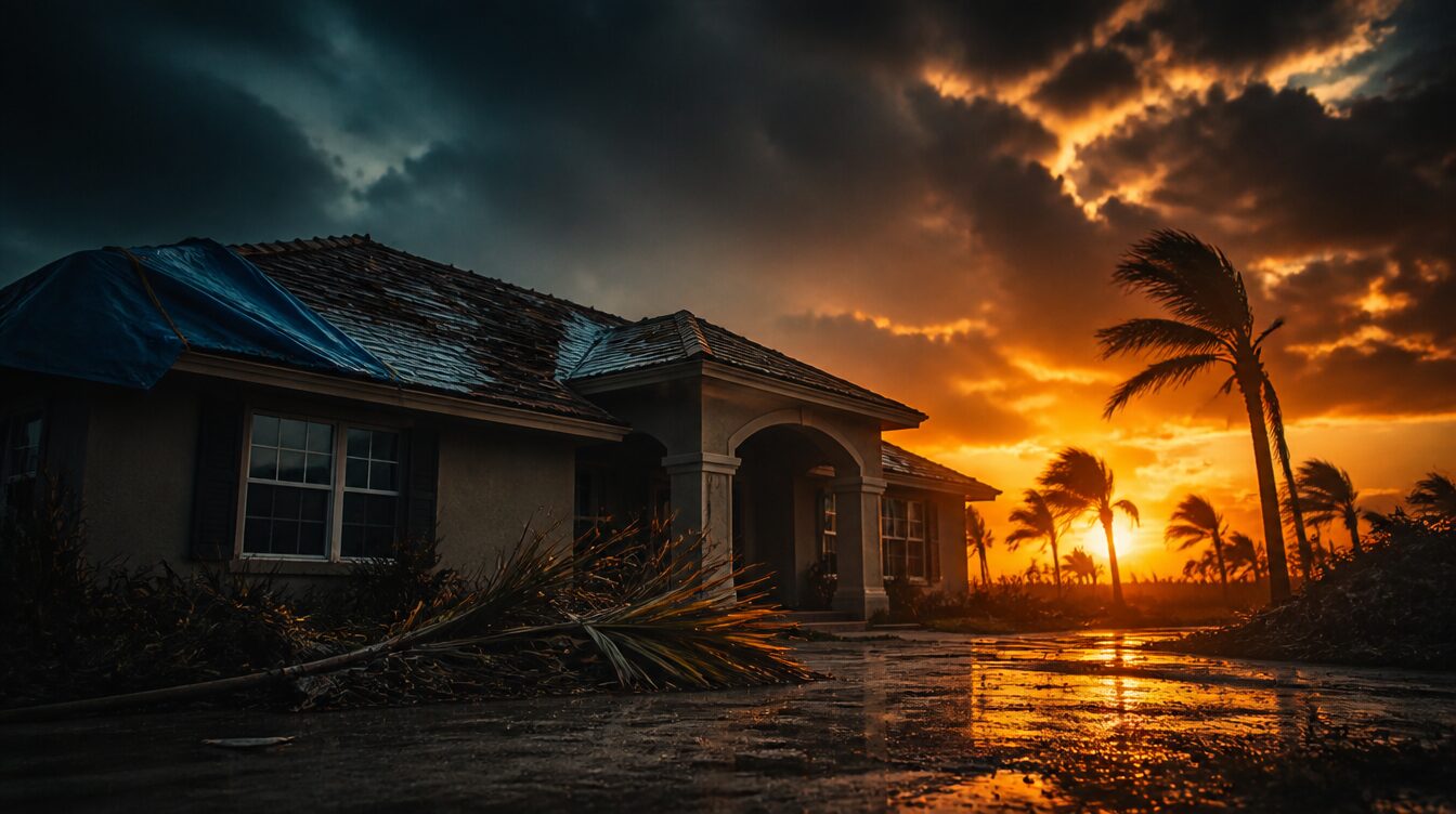 Florida home with a storm-damaged roof and blue tarp under a dark sky breaking into an orange sunrise